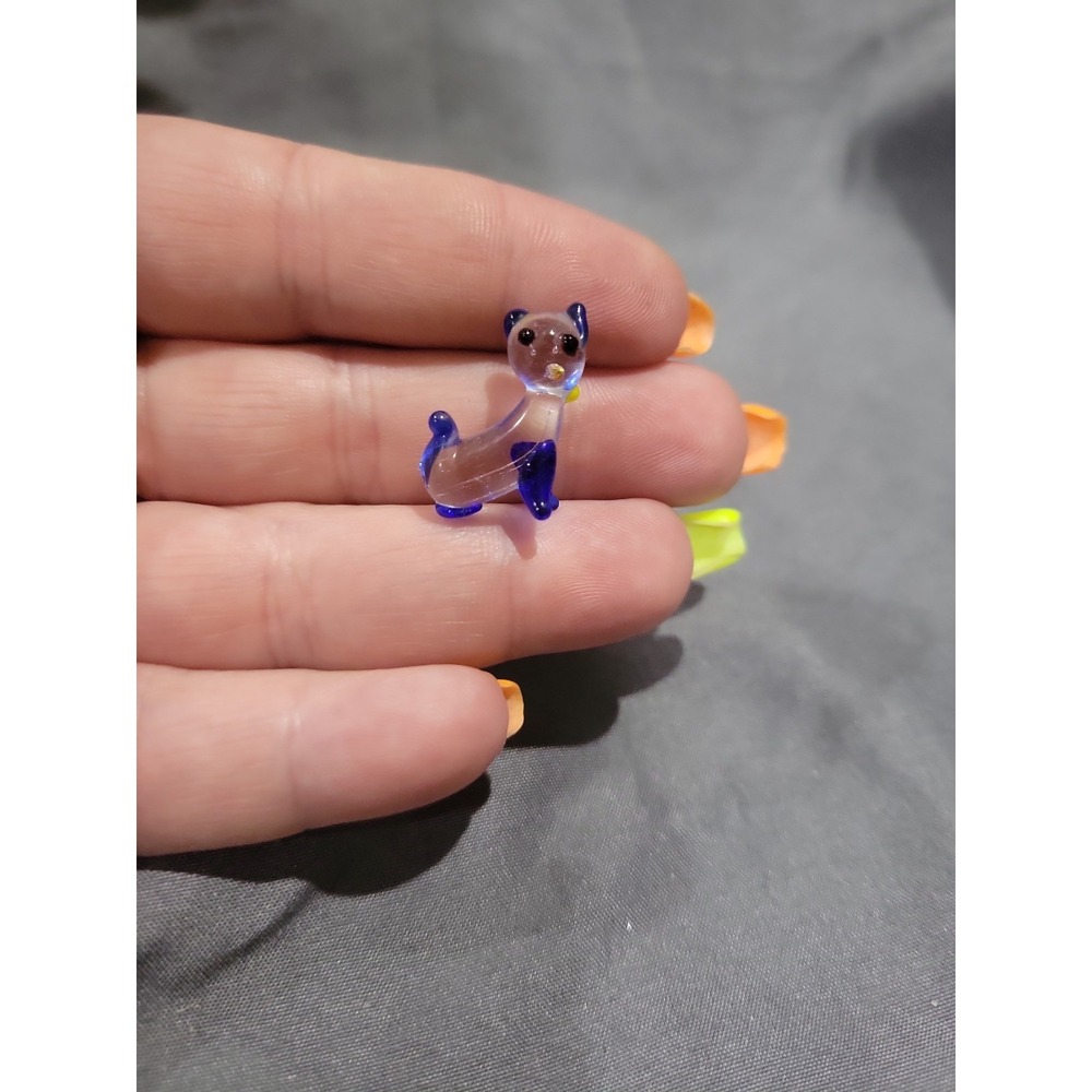 Hand Blown Glass Figurine Collectibles Handmade Miniature Cat Kitty Blue Clear